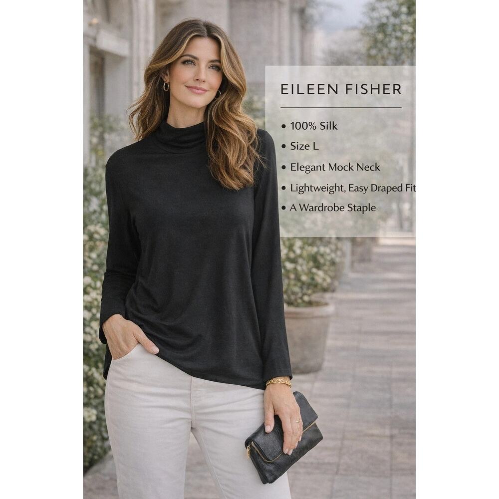 Eileen Fisher Black 100% Silk Jersey Mock Neck Long Sleeve Top Large L Long Slee
